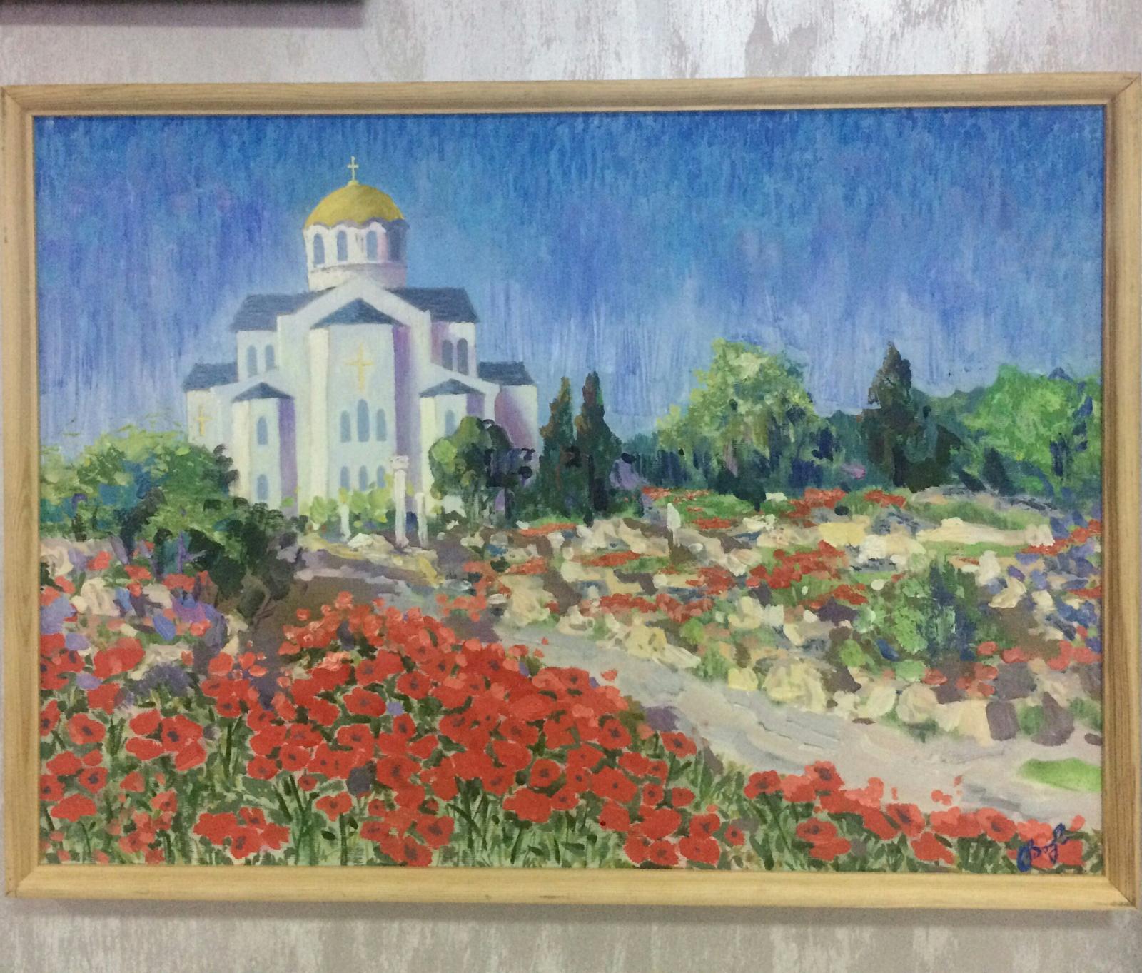 Храм среди маков маслом — работа ученика мастерской